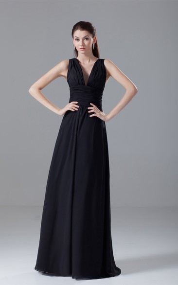 Strapped Floor-Length Chiffon Low-V Back and Dress With Ruching