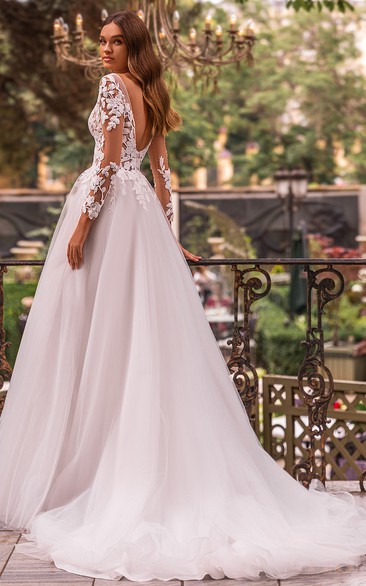 V-neck Ball Gown Wedding Dress with Appliques Lace and Court Train main image 0