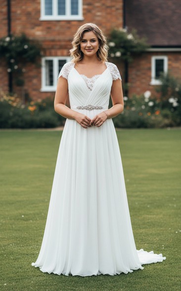 Plus Size Cap Sleeve A-Line Wedding Dress - Pleated Bodice with Beaded Waistband Bridal Gown