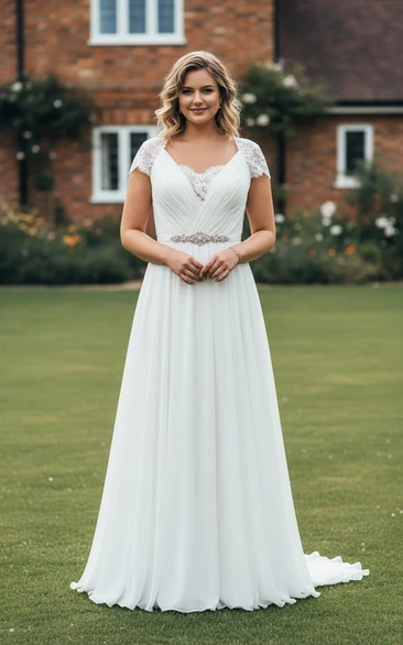 Plus Size Cap Sleeve A-Line Wedding Dress - Pleated Bodice with Beaded Waistband Bridal Gown