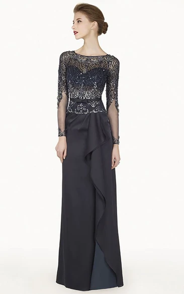 Bateau Illusion Long Sleeve Satin Long Prom Dress With Cascading Skirt