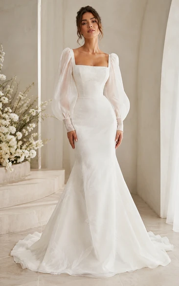Square Neck Crepe Mermaid Wedding Dress with Sheer Bishop Sleeves and Sweep Train