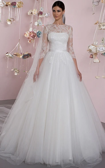Ball Gown 3-4 Sleeve Appliqued Jewel Neck Tulle Wedding Dress