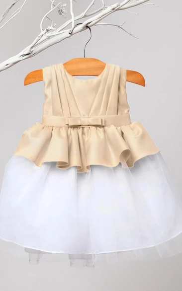 Peplum Knee-Length Tiered Pleated Tulle&Satin Flower Girl Dress With Ribbon