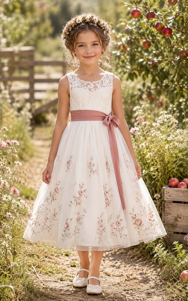 Ivory Tea-Length A-Line Lace Flower Girl Dress with Floral Details, Bow Sash
