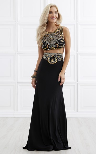 Two-Piece Sheath Long Scoop-Neck Sleeveless Jersey Dress With Beading