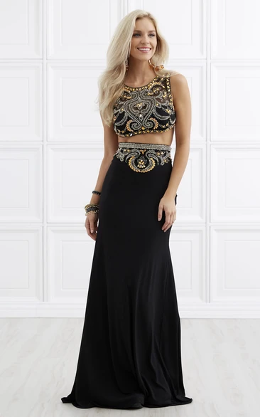 Two-Piece Sheath Long Scoop-Neck Sleeveless Jersey Dress With Beading