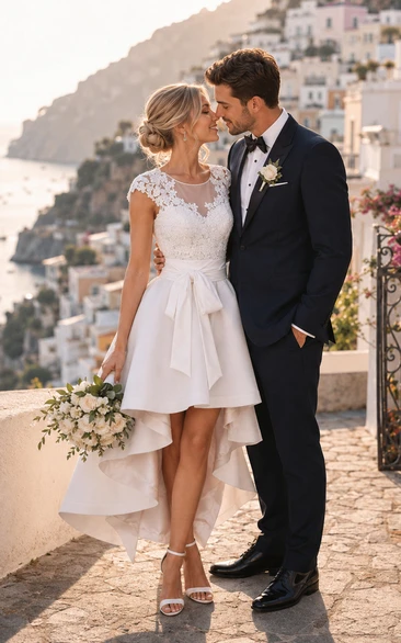 Square A-line High-low Short Sleeve Satin Wedding Dress with Zipper Back