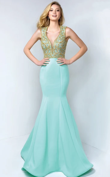 Mermaid Long V-Neck Sleeveless Satin Keyhole Dress With Beading