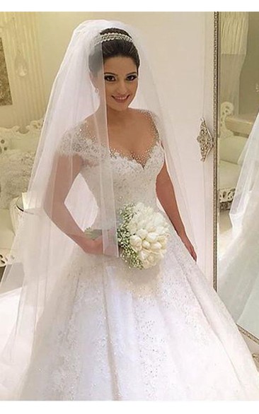 Newest V-neck Tulle Lace Appliques Wedding Dress Ball Gown Beadings Court Train
