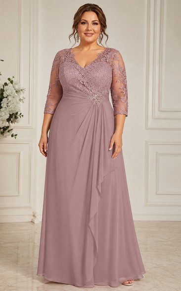 Plus Size A-Line V-Neck 3/4 Length Sleeve Chiffon Mother Dress with Lace