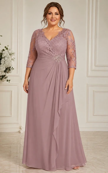 Plus Size A-Line V-Neck 3/4 Length Sleeve Chiffon Mother Dress with Lace