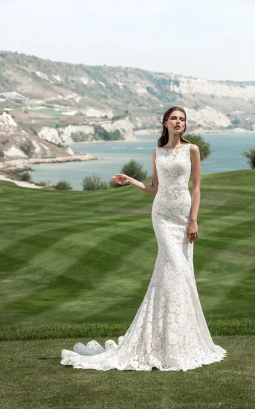 Scalloped Neckline Sleeveless Keyhole Back Lace Sheath Vow Renewal Dress With Bow