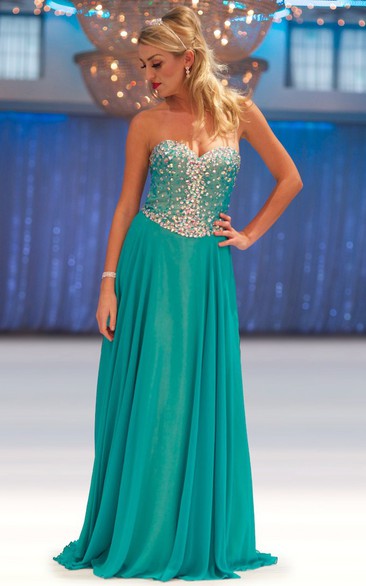 A-Line Sweetheart Sleeveless Beaded Maxi Chiffon Prom Dress With Pleats