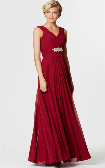 Sleeveless Ruched V-Neck Chiffon Bridesmaid Dress With Waist Jewellery
