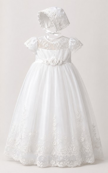 Baby Christening Gown Modest Princess Ball Gown Puff Sleeve Tulle Lace Tea-Length with Bow Sash in White