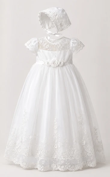 Baby Christening Gown Modest Princess Ball Gown Puff Sleeve Tulle Lace Tea-Length with Bow Sash in White