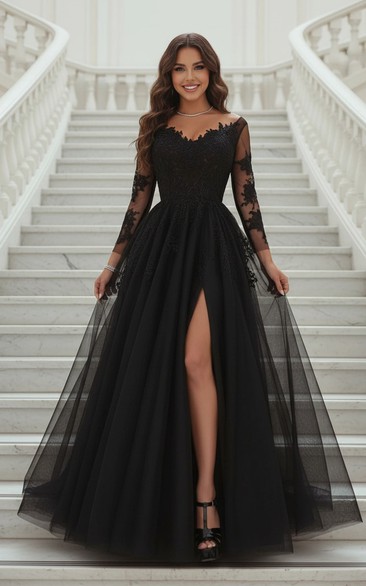 Black Long Sleeve Lace & Tulle Evening Gown High Slit A-Line Formal Prom Dress