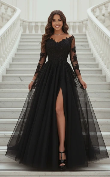 Black Long Sleeve Lace & Tulle Evening Gown High Slit A-Line Formal Prom Dress