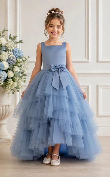 A-line High-low Sleeveless Tulle Flower Girl Dress with Blue high-low tiered tulle with bold bow sash