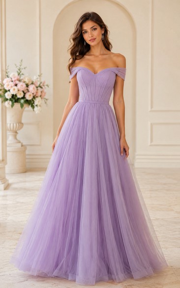 Tulle Prom Dress in Lavender, Off-the-shoulder, Sweetheart A-Line Floor-Length Gown with Pleats