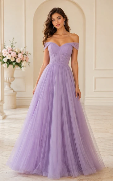 Tulle Prom Dress in Lavender, Off-the-shoulder, Sweetheart A-Line Floor-Length Gown with Pleats