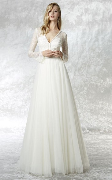 A-Line Illusion Sleeve Lace V-Neck Tulle Modest Wedding Dress With Brush Train