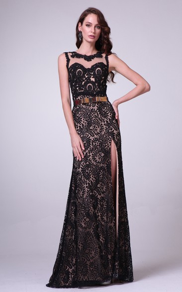 Sheath Maxi Jewel-Neck Sleeveless Lace Illusion Dress With Split Front