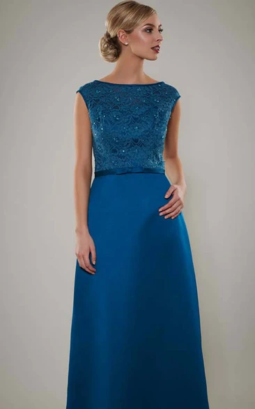 Floor-Length Bateau Neck Sleeveless Lace Satin Bridesmaid Dress With Beading