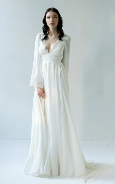 Sexy Chiffon Long Sleeve Scalloped Deep-V Back Wedding Dress