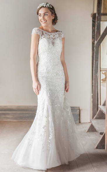 Long Bateau Cap-Sleeve Beaded Tulle Wedding Dress With Embroidery And Illusion