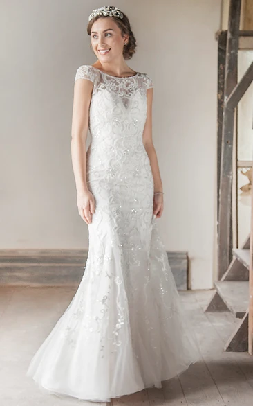 Long Bateau Cap-Sleeve Beaded Tulle Wedding Dress With Embroidery And Illusion