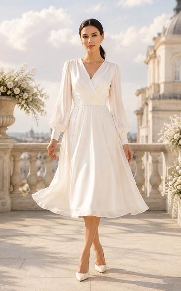 V-Neck Long Sleeve Chiffon Tea-Length Wedding Dress