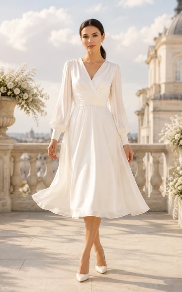 Vestido de novia de gasa de manga larga con escote en V y largo hasta la rodilla