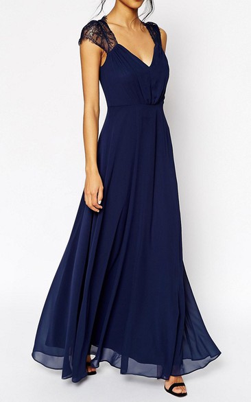 A-Line Cap-Sleeve Floor-Length V-Neck Lace Chiffon Bridesmaid Dress ...