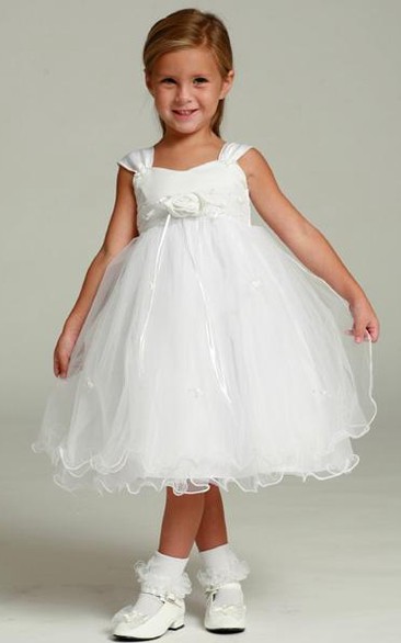 Tea-Length Floral Tulle&Satin Flower Girl Dress