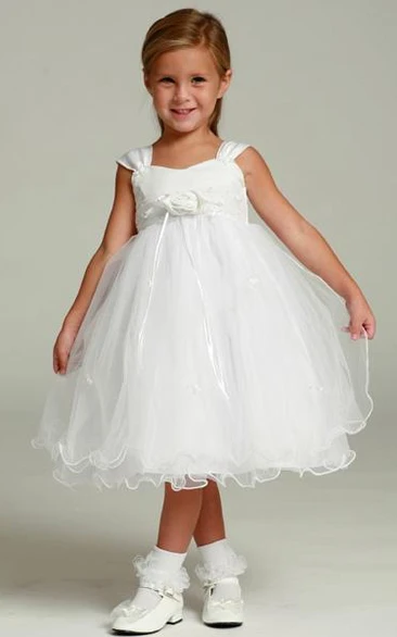 Tea-Length Floral Tulle&Satin Flower Girl Dress