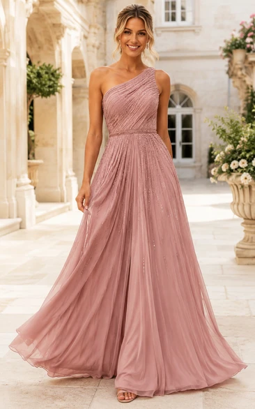 Robe de demoiselle d'honneur asymétrique en mousseline rose poudré, coupe trapèze, à une épaule, en mousseline.