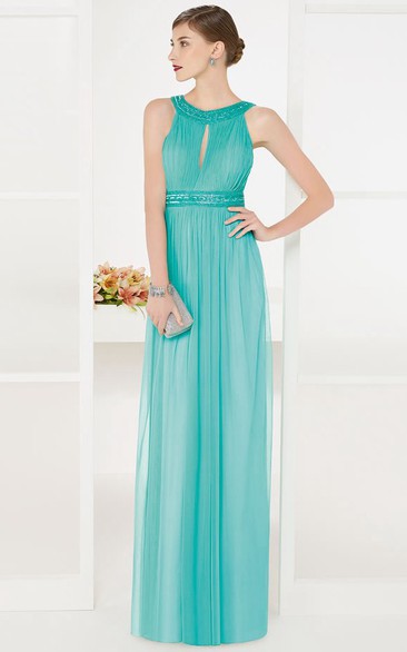 Empire Front Keyhole Tulle Long Prom Dress With Sequined Neck And Waist