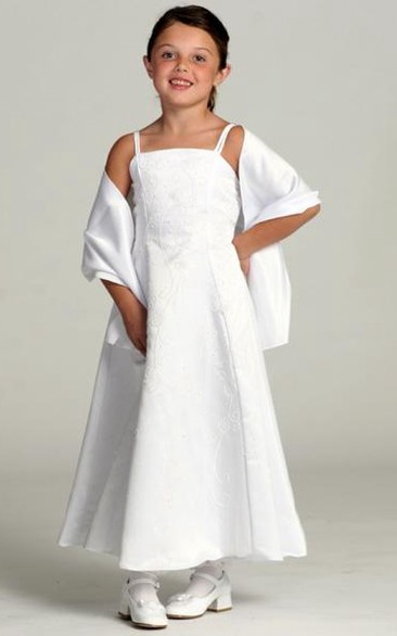 Floral Ankle-Length Beaded Floral Sequins&Satin Flower Girl Dress With Straps