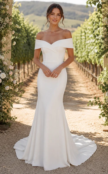 Simple Off Shoulder Crepe Mermaid Wedding Dress with Foldover Neckline and Train
