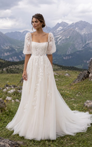 Boho Wedding Dress with Square Neckline, Puff Sleeves, Floral Lace Bodice & A-Line Tulle Train