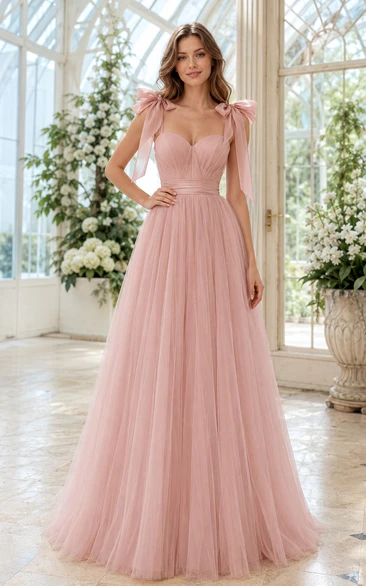 Vestido de fiesta de talla grande, color rosa rubor, sin tirantes, de tul, corte en A, con lazos en los hombros.