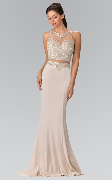 Sheath Scoop-Neck Sleeveless Jersey Illusion Dress With Crystal Detailing