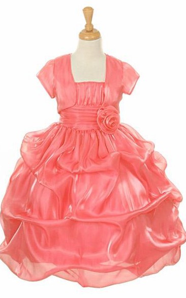 Tea-Length Spaghetti Ruched Bolero Organza&Satin Flower Girl Dress With Pick Up