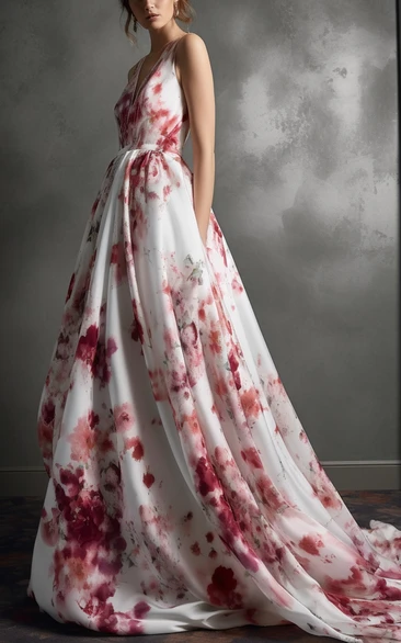 Red and White Floral V-neck Sleeveless Empire A-line Wedding Dress