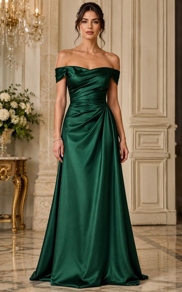Dark Green Off-the-Shoulder Satin Floor-Length A-Line Dress