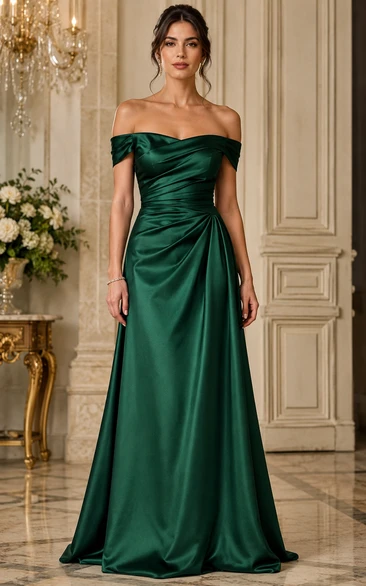 Dark Green Off-the-Shoulder Satin Floor-Length A-Line Dress