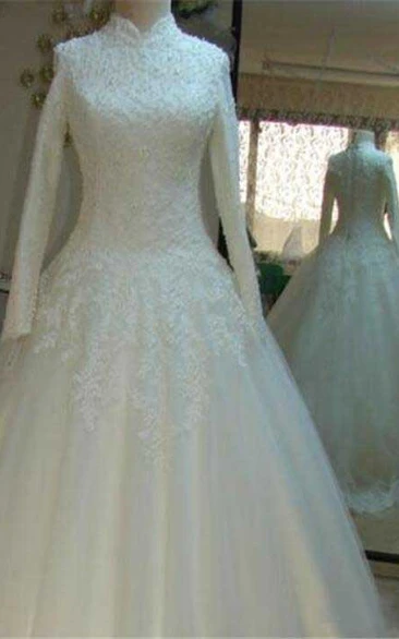 Vintage Beaded Lace High Neck Princess Wedding Dresses with Long Sleeves