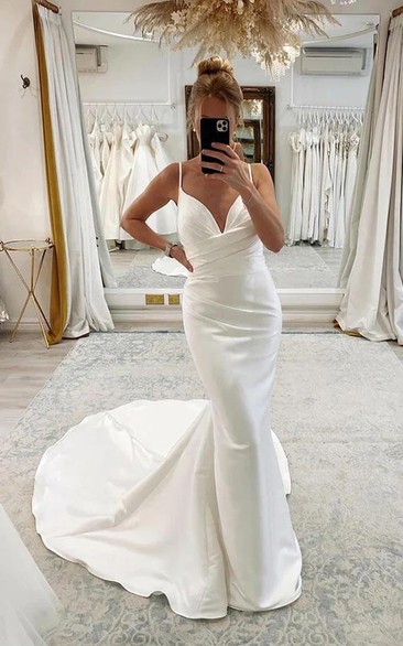 Spaghetti Satin Ruched Mermaid Wedding Dress with Court Train
